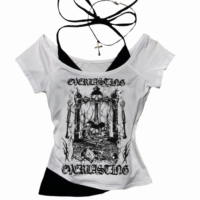 

Women's 90s retro clothing fake two pieces hooded T-shirt cross Gothic Kawaii girl Gothic baby Harajuku street Emo Y2k Kpop