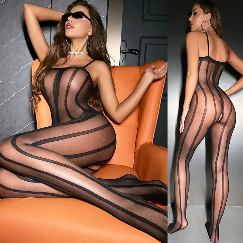 Open Crotch Striped Fishnet Bodystockings Woman Sexy Lingerie Lace Bodysuit Romantic Underwear Erotic Seductive Costume New Set