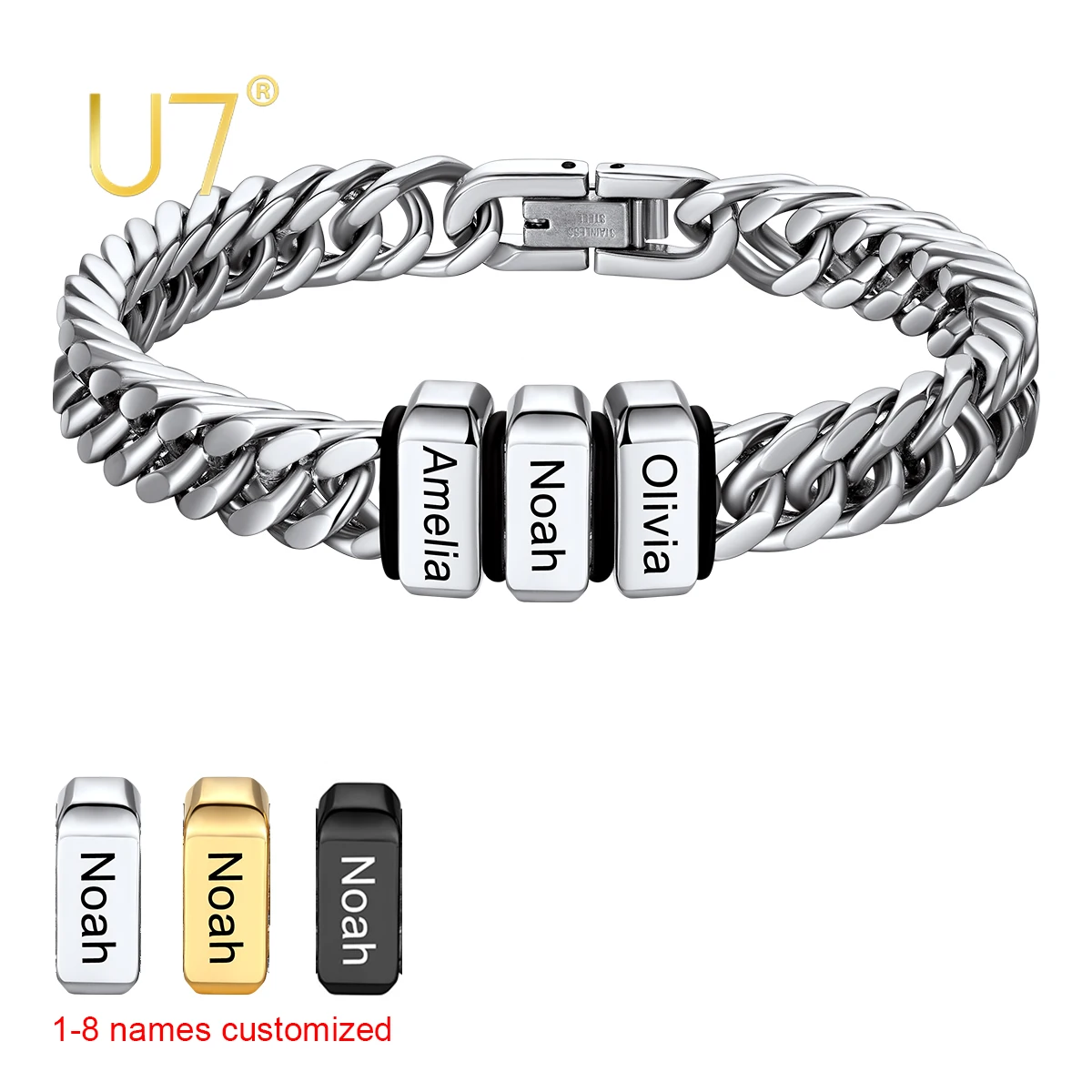 

U7 Индивидуальные семейные браслеты с 1-8 именами, толщиной 8 мм, кубинские браслеты для мужчин и женщин, из нержавеющей стали, с бусинами, 19/21/23 см, браслет с именем, персонализированный подарок