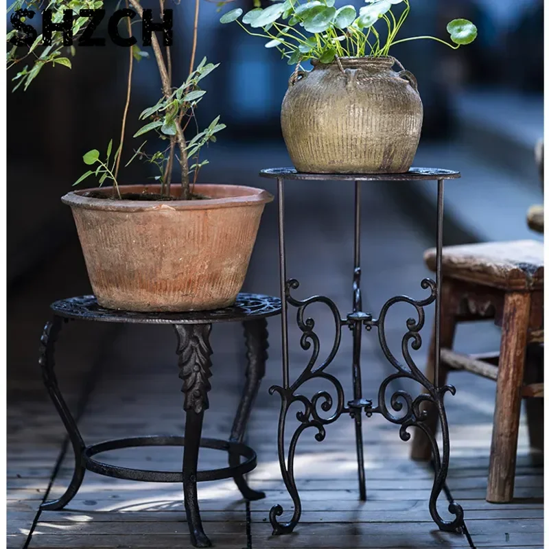Living Room Standing Bonsai Frame 2-Layer Cast Iron Plant Shelves, Creative Balcony Flower Pot Stool Hollow Out Decorative Shelf