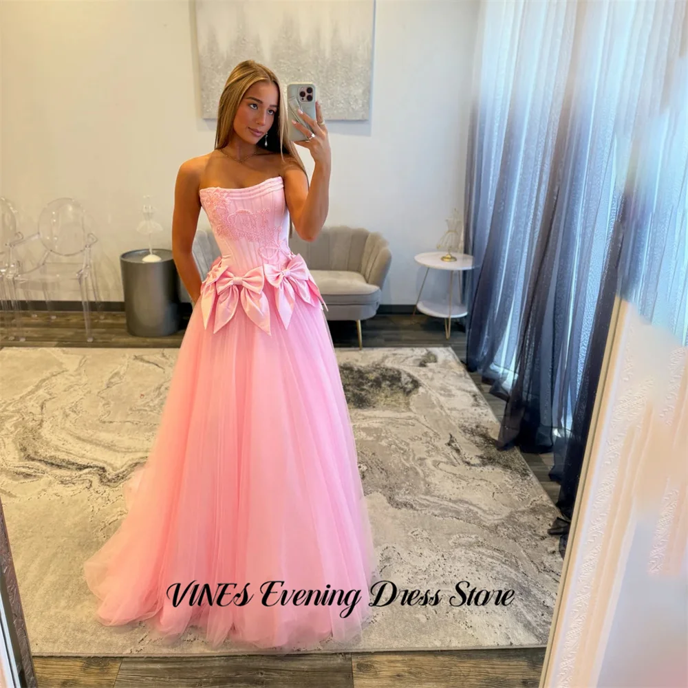 

VINES Pink Tulle Evening Dresses with Embroidered Gala Dresses Giant Bow Formal Dresses Strapless A Line Party Dress Customized