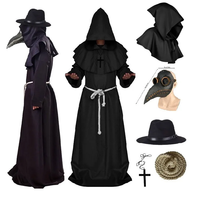 

New Halloween Medieval Hooded Robe Plague Doctor Costume Hat Men Monk Cosplay Steampunk Priest Horror Wizard Cloak Cape Props