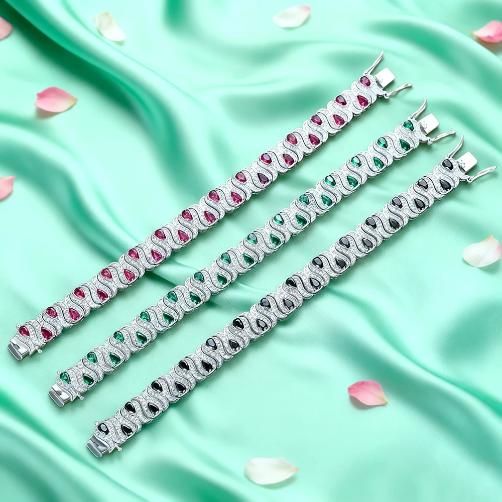 TEMGF 3*5mm Cultivated Emerald/Ruby Gem Bracelet for Women S925 Silver Tulip Design Bangle Party Sparkling Luxury Jewelry Gifts