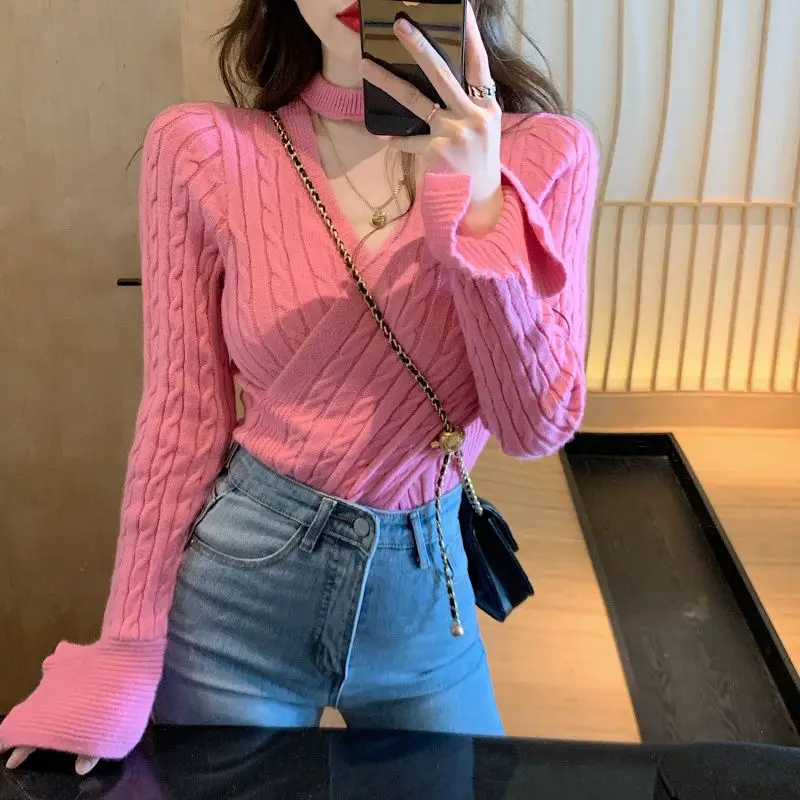 Halter V-Neck Knitted Pullovers Spring Autumn Slim Long Sleeve Women's Clothing Stylish Cross Strap Basic Solid Color T-shirt
