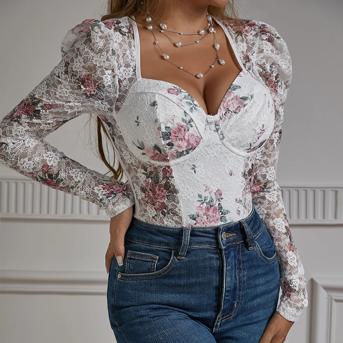 Sexy Lace Bodysuit Women Flowers Print Embroidery Push-up Slim Stretchy Top T-shirt Long Sleeve Bottoming Shirt Spring 64008