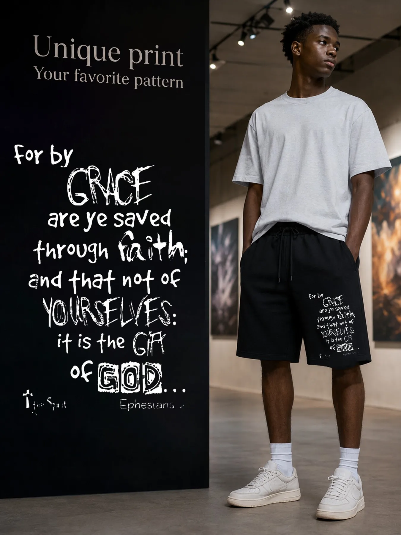 Men's shorts scripture introduction Mercy through faith God's gift design Elastic waist jogging pants Summer sportswear