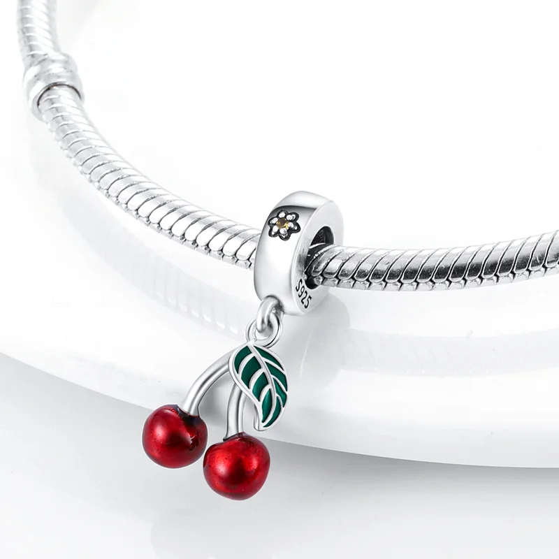 Cuentas de esmalte rojo con forma de cereza y fruta, adecuadas para pulsera, collar, llavero, cuentas de plata 925 para mujer, joyería DIY, regalo exquisito