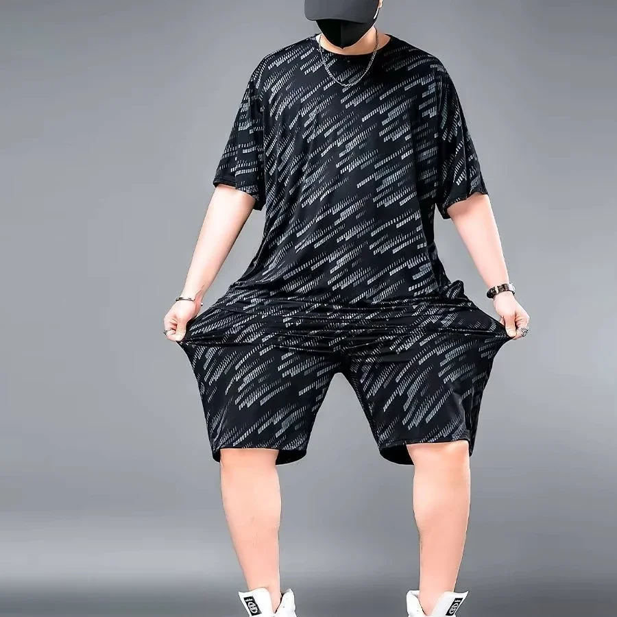 

2 Piece Summer Men's Sportswear Printed Suits Loose Ice Silk Plus Size 6xl Mesh Breathable T-shirt +Sweatpants Sport Clothes
