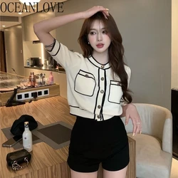 OCEANLOVE Dünne Pullover Frauen Tops Kontrast Farbe Frühling Sommer Süße Kurze Strickjacken Koreanische Mode Sueter De Mujer Retro