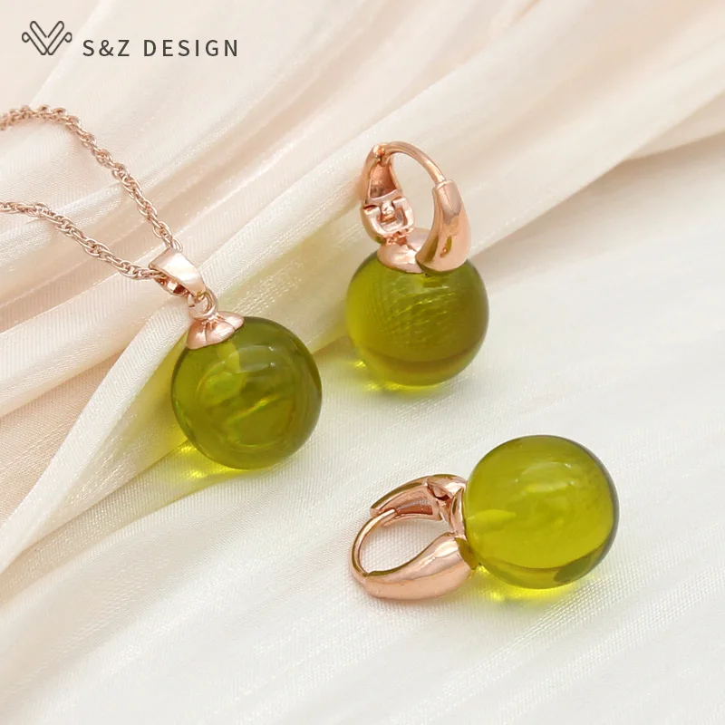 S&Z DESIGN New Elegant Round Flower ambers Dangle Earrings Jewelry Sets For Women Personality Party Jewelry Pendant Necklace