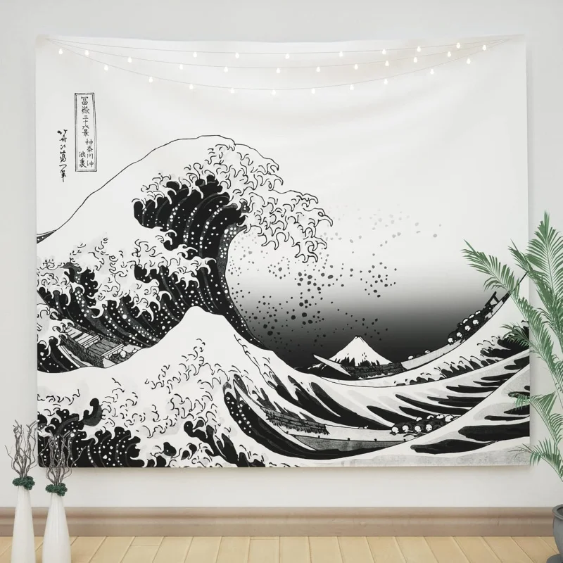 VIKAMA The Great Wave off Kanagawa Black & White Tapestry Japanese Ukiyo-e Art Wall Hanging for Living Room Bedroom Study Decor