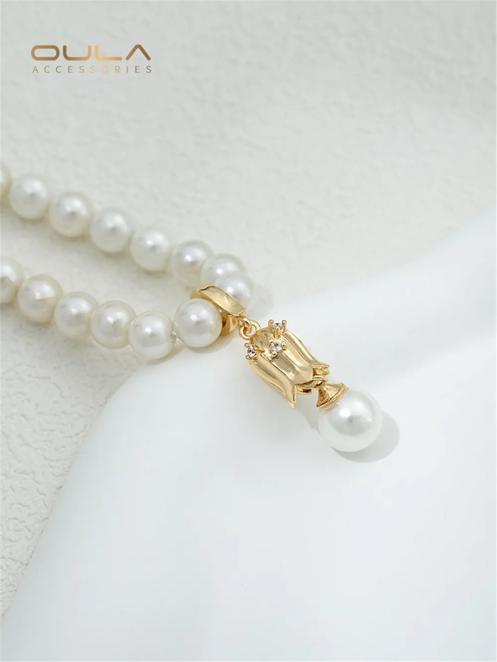 14K Gold-Color Plated Lily Bract with Pearl Pendant Universal Buckle Handmade DIY Sticky Pearl Hand Accessories