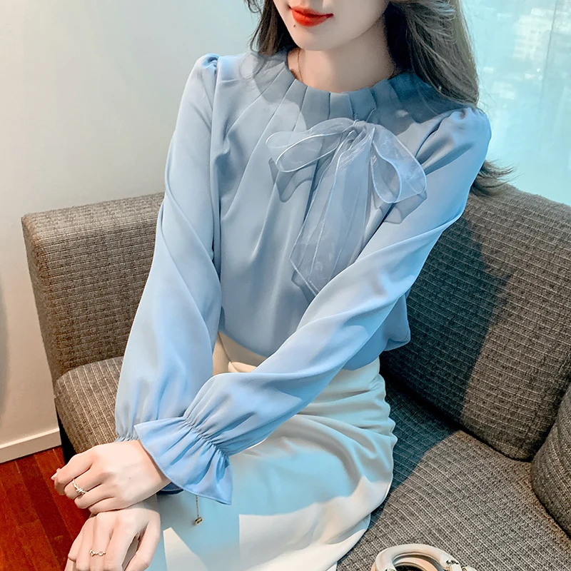 

Elegant Long Sleeve Chiffon Shirt for Women Knot Spring Fashion 2026 New Style Polyester Fiber Slim Fit Necktie Top