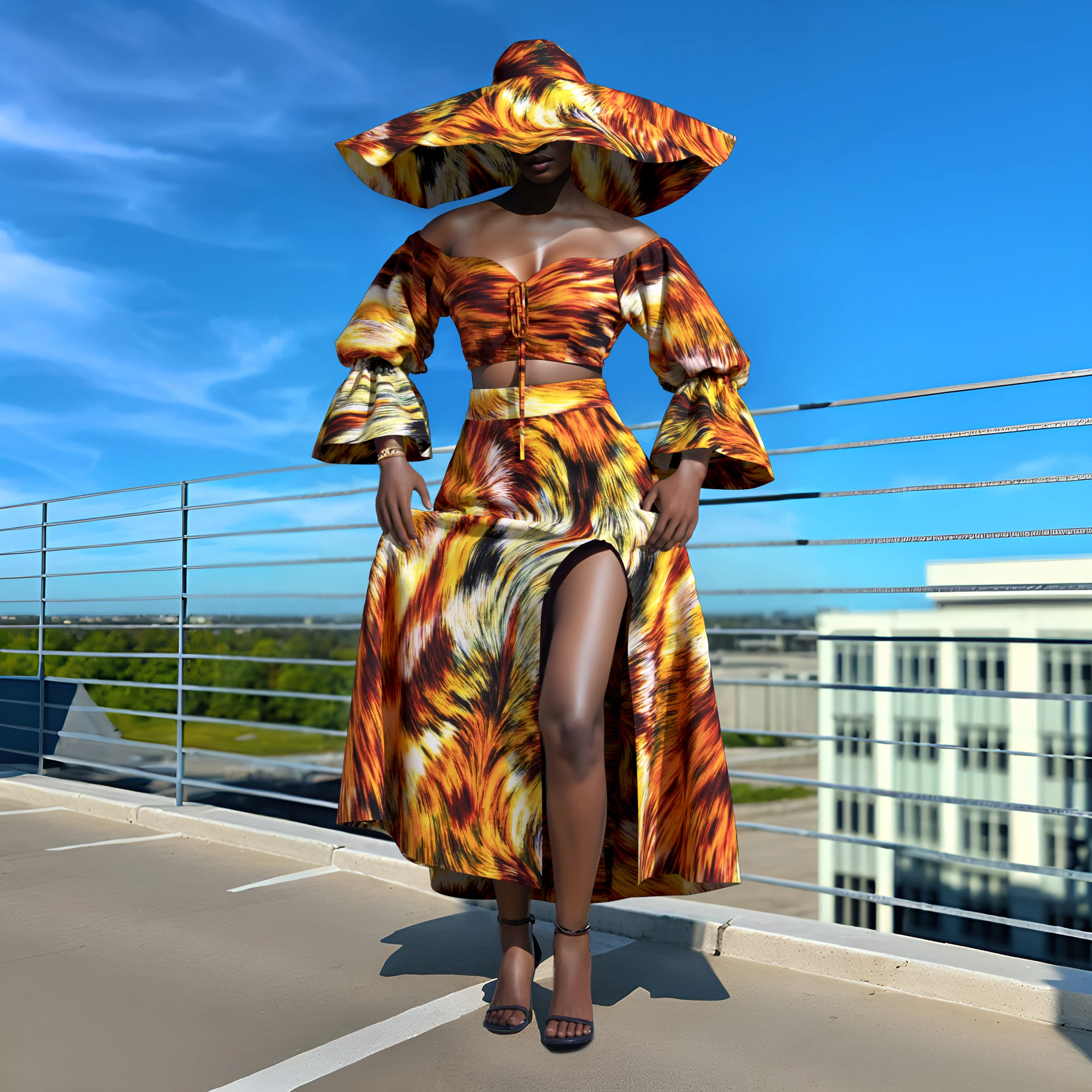 

African Clothes for Women Print Crop Top and Split Skirts with Big Beach Hat 3 Piece Set Clothing Women Dress WY1481