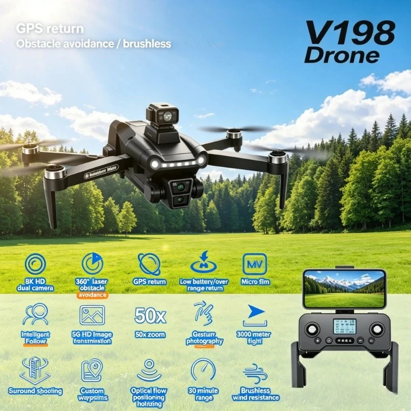 Original V198 Mini Foldable GPS Drone 8K Dual Camera 5G WiFi FPV Brushless Laser Obstacle Avoidance Optical Flow RC Quadcopter