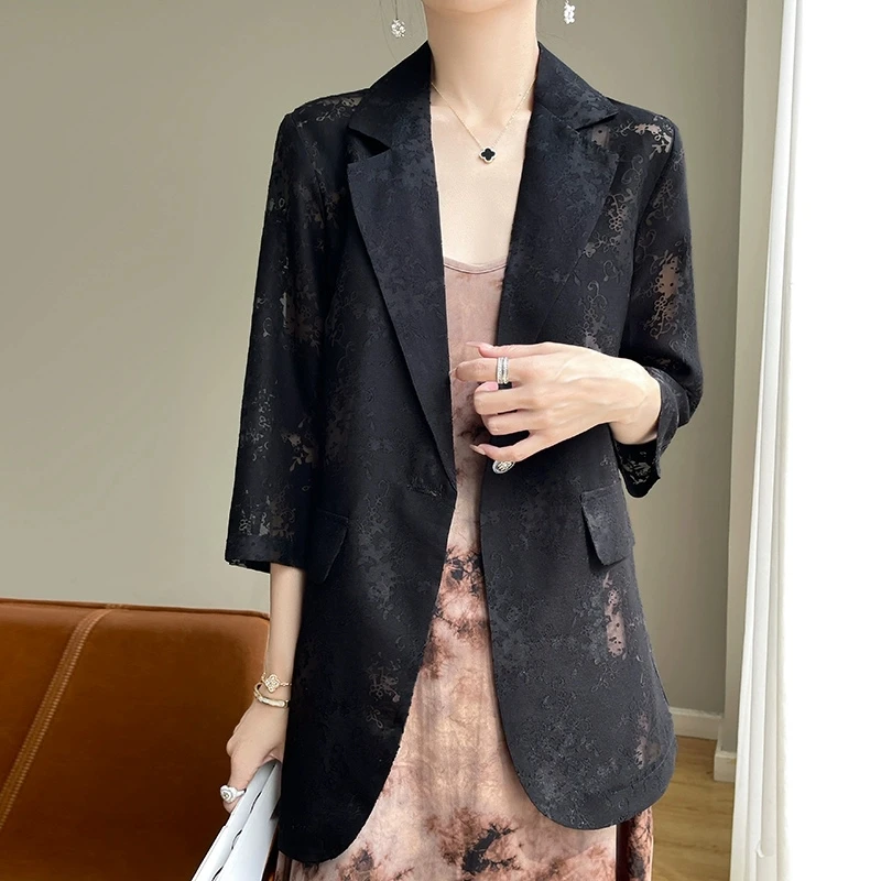 المرأة الجديدة النمط الصيني 7/8 كم السترة الساتان الجاكار سليم صالح مكتب عادية أنيقة حماية من الشمس خفيفة الوزن شحن مجاني