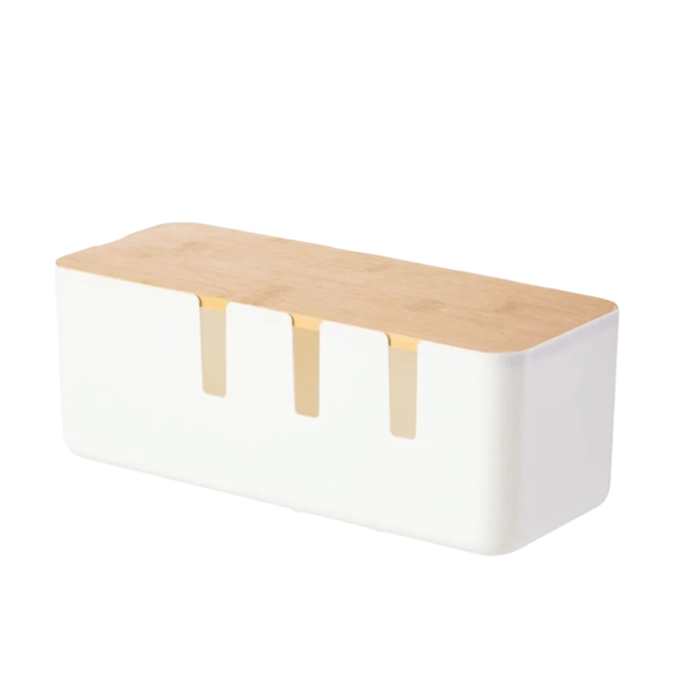 

Plastic Household Cable Management Box with Wooden Lid Dustproof Power Cord Case Stackable Space Saving Desk Power Cable Box