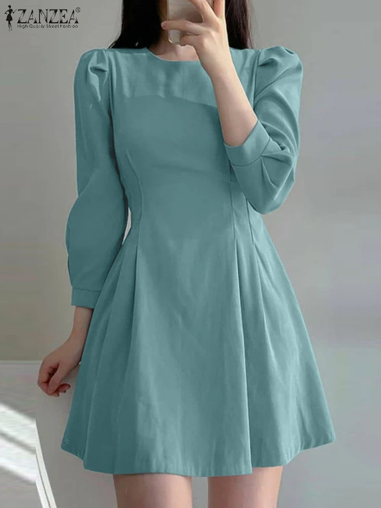 

Casual Loose Pleating Robe ZANZEA Women Puff Long Sleeve Dress 2024 Summer Solid Waisted Sundress Vintage Office Mini Vestidos