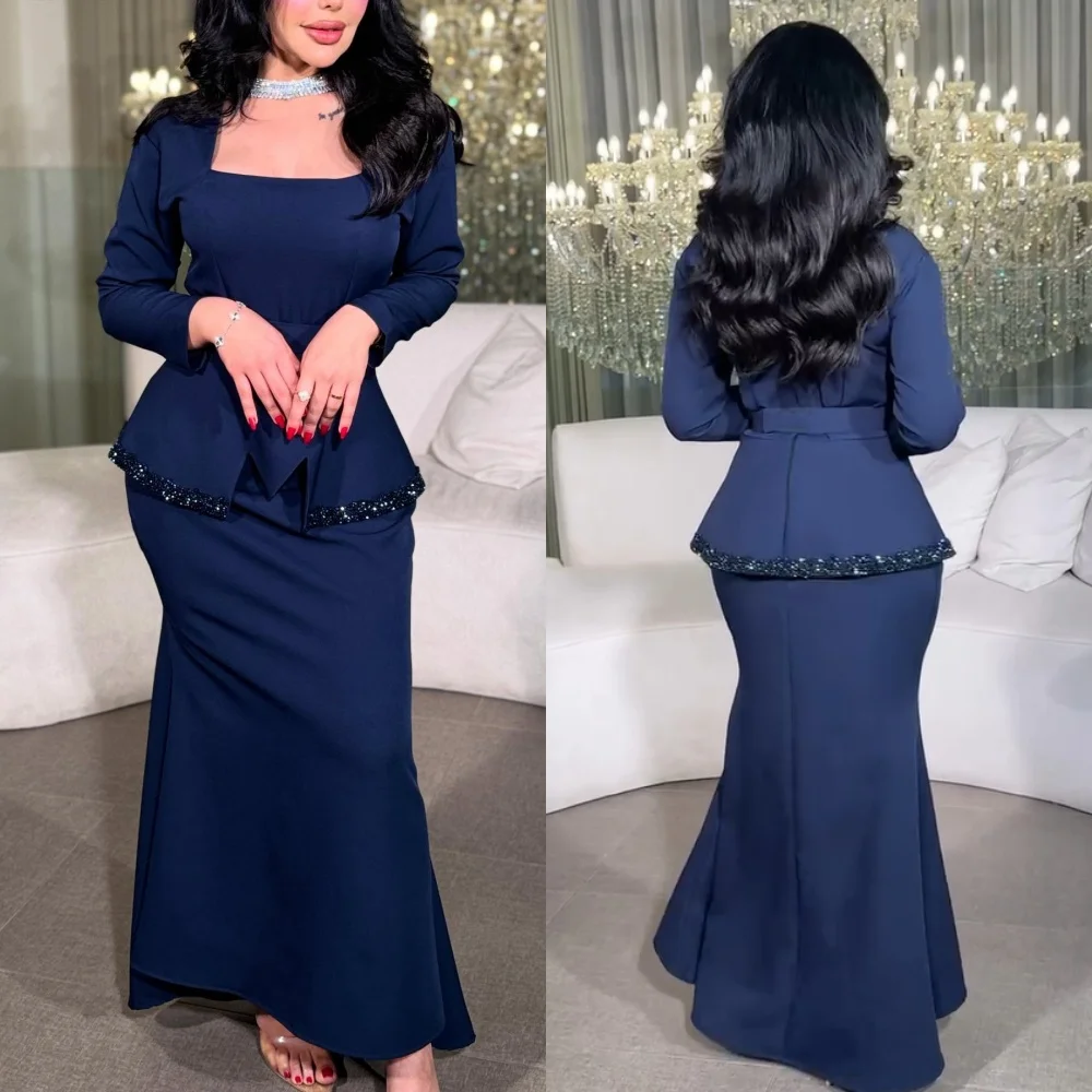 

Customized Classic Charmeuse Sequined Beading Sash Ruched A-line Square Neck Long Dresses Bespoke Occasion Dresses Retro Fashion