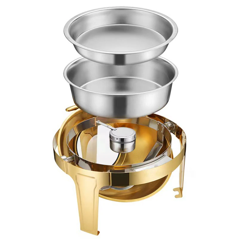 Hotel Large Stainless Steel Gold Hot Pot 6.5L Large Roll Top Round Dining Silver Chafing Dish Food Warmer