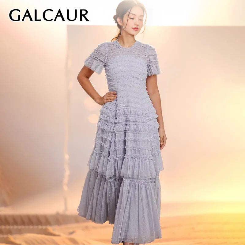 

GALCAUR Patchwork Ruffled Dress For Women Round Neck Short Sleeve High Waist Slimming Folds Elegant Solid Dresses Female New