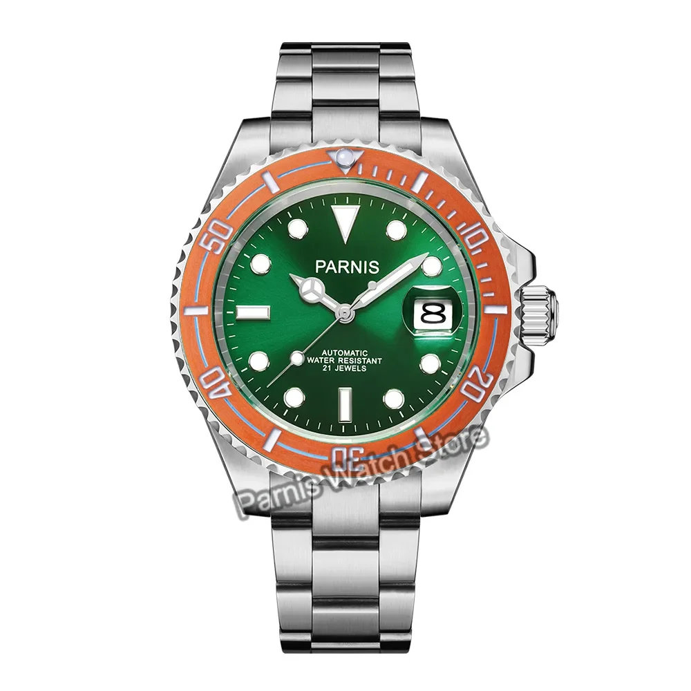 Parnis 40mm Sapphire Glass Automatic Green Dial Luminous Marker Carbon FiberBezel Men Boy Luxury Watch