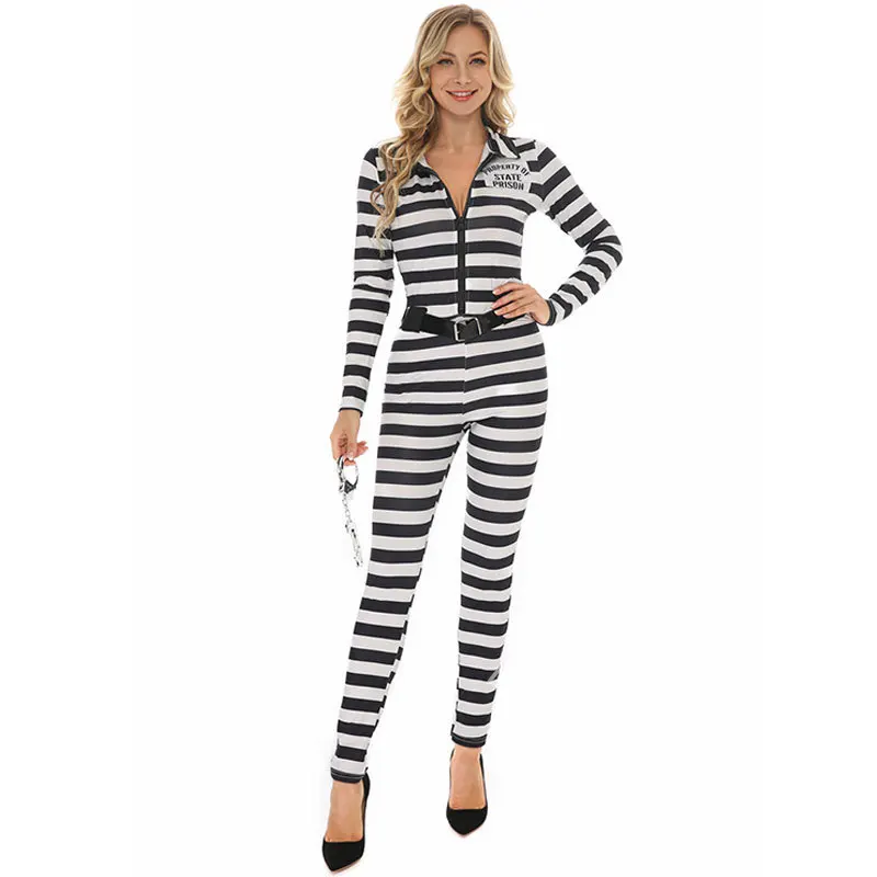 Halloween Women Prisoner Costume Striped Prison Inmate Escaped Prisoners Jumpsuit Cosplay Costumes Female Jail Criminal Dress Up