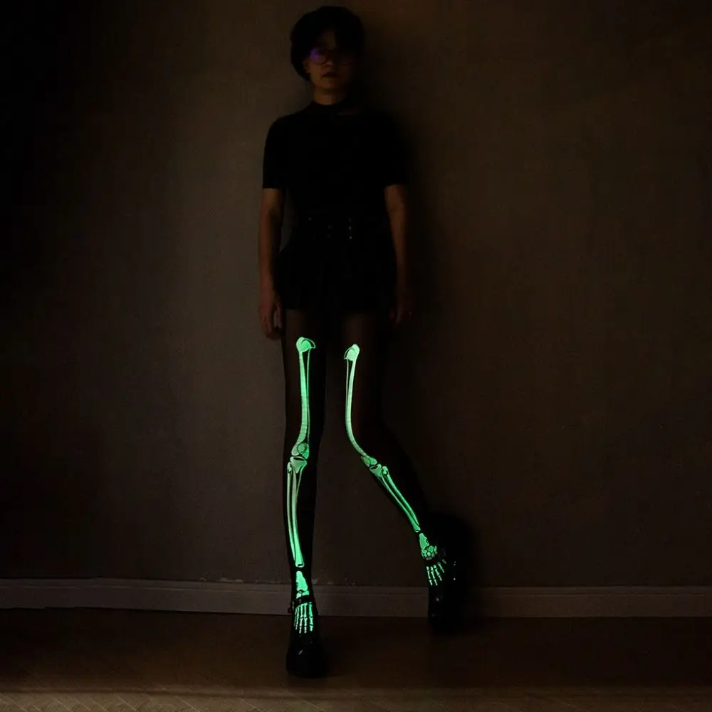Seamless Glow in The Dark Luminous Pantyhose Heart Pattern Butterfly Printing Tights Elastic Balck Sexy Pantyhose Daily