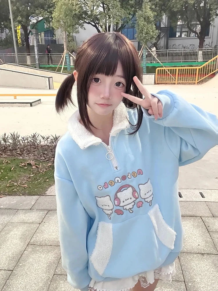Sudaderas con estampado de dibujos animados japoneses para mujer, jerséis con media cremallera, subcultura Kawaii, camisetas nuevas de moda estética bonita Harajuku