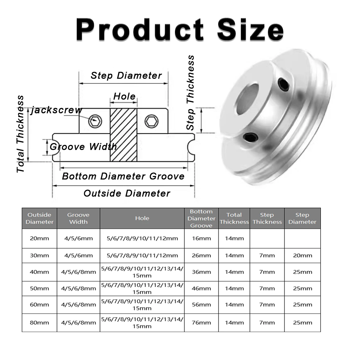 1Pcs Aluminum Alloy Single Groove Pulley, Spindle Motor Pulley, Model Transmission Wheel Diameter 20/30/40/50/60/80MM Aperture 5
