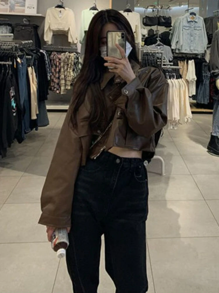 Autumn Brown Cropped Leather Jacket Women Korean Fashion Thin Loose Biker Coat Female 2022 Winter Warm Outerwear Casual Chic Top