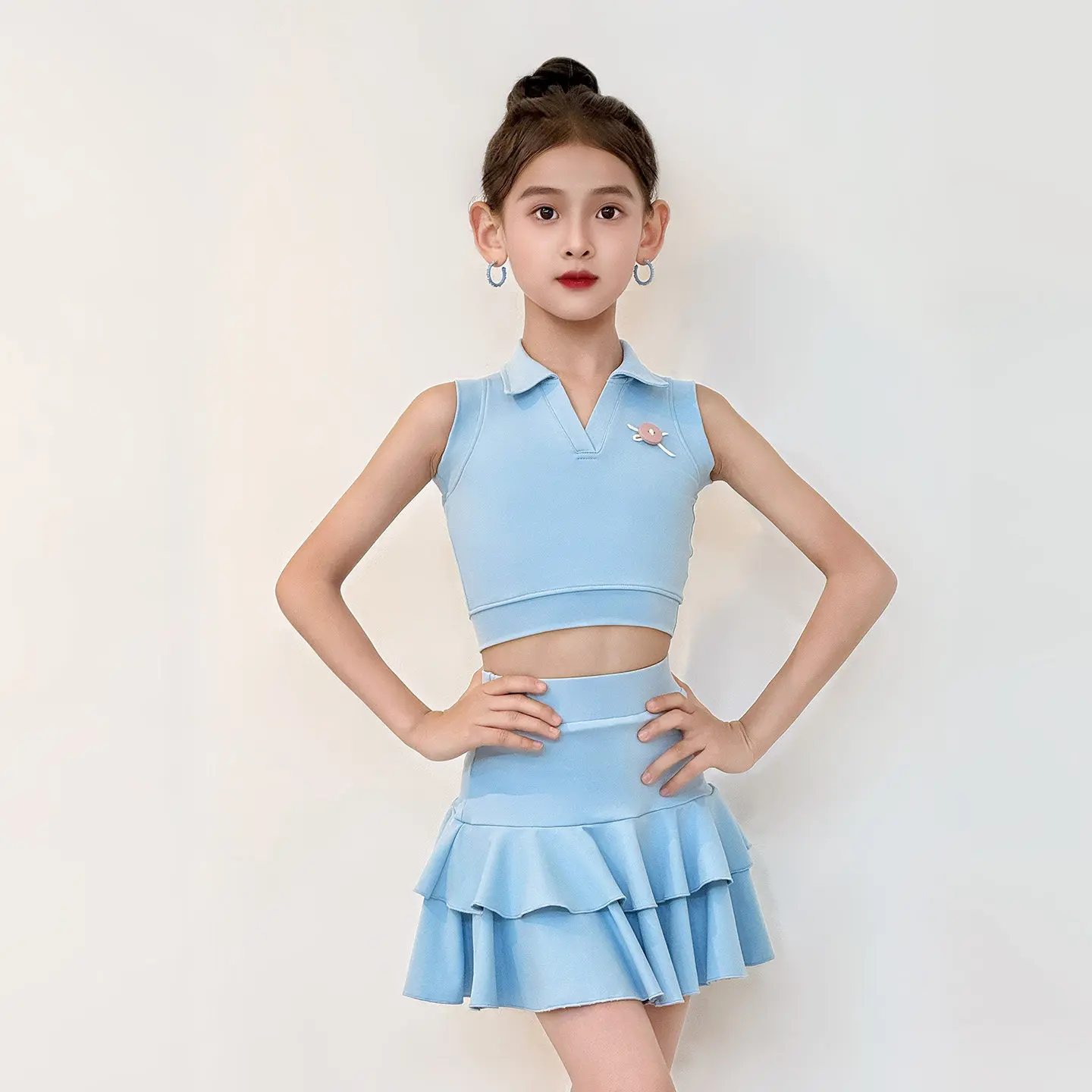 Customized Latin Dance Costume for Girls Summer Practice Outfit Daily Fresh Blue Professional Performance Clothes Split Bodysuit