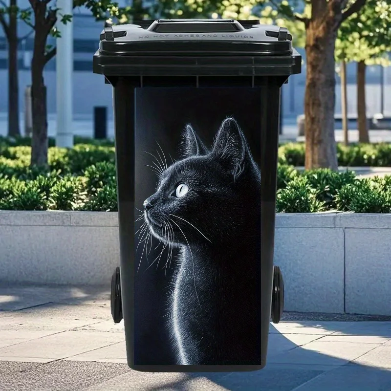 1 Luminous Black Cat Silhouette Trash Can Sticker - UV Resistant PVC, 14.57x32.28 Inches, Suitable for Bathroom Wall Decoration