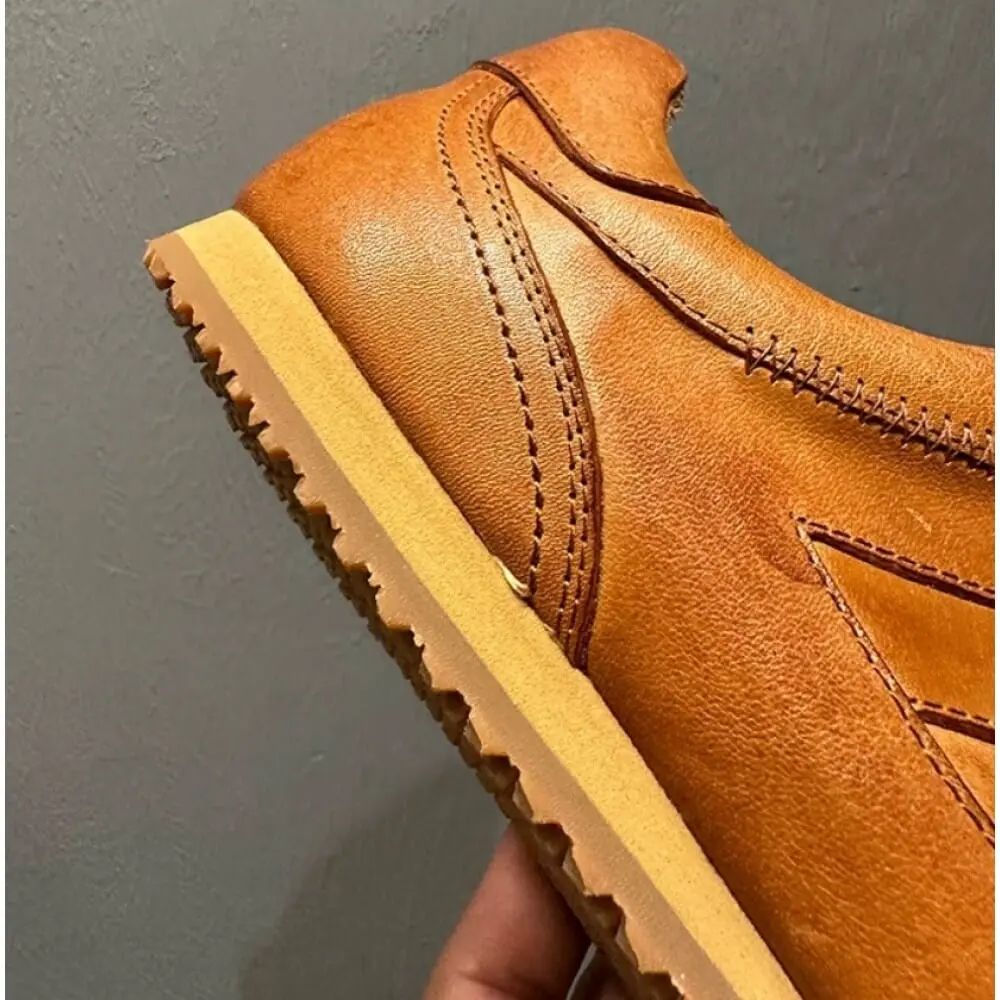 Vintage Caramel Burnished Leather Sneakers, with off-white laces and gum sole, stylish and comfortable, - view 4