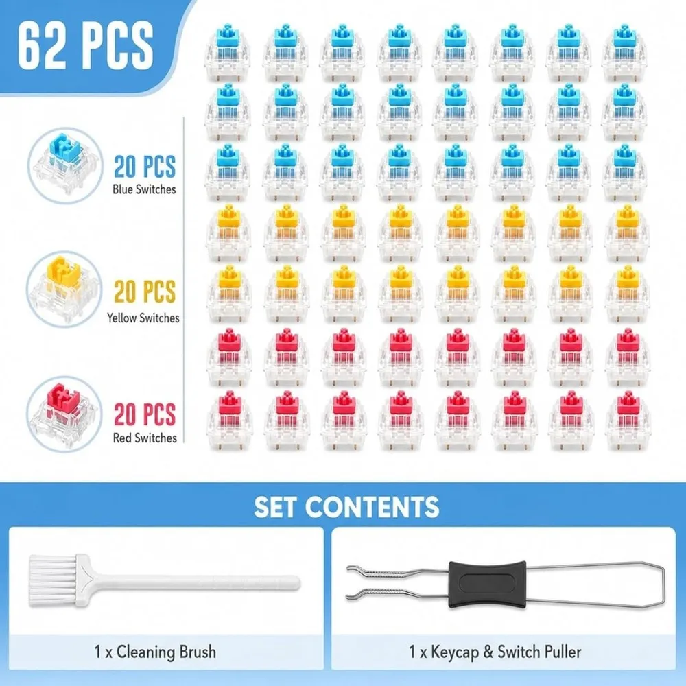 A97I-60 PCS Keyboard Clickers Set With Tweezers And Brush, Clickers For 3D Printing, Keyboard Switches Blue +Yellow +Red