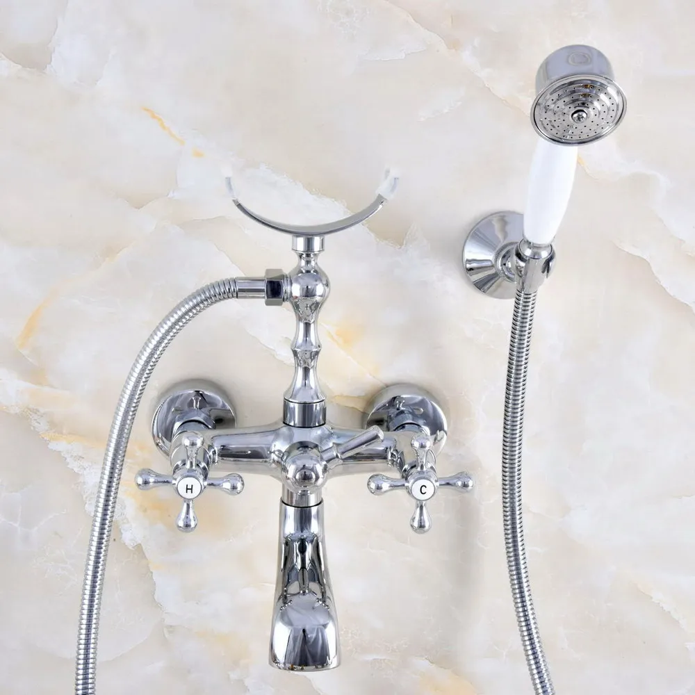 Silver Chrome Brass Double Handle Wall Mounted Bathroom Tub Faucet Set with 1.5M Hand Held Shower Spray Mixer Tap 2na715