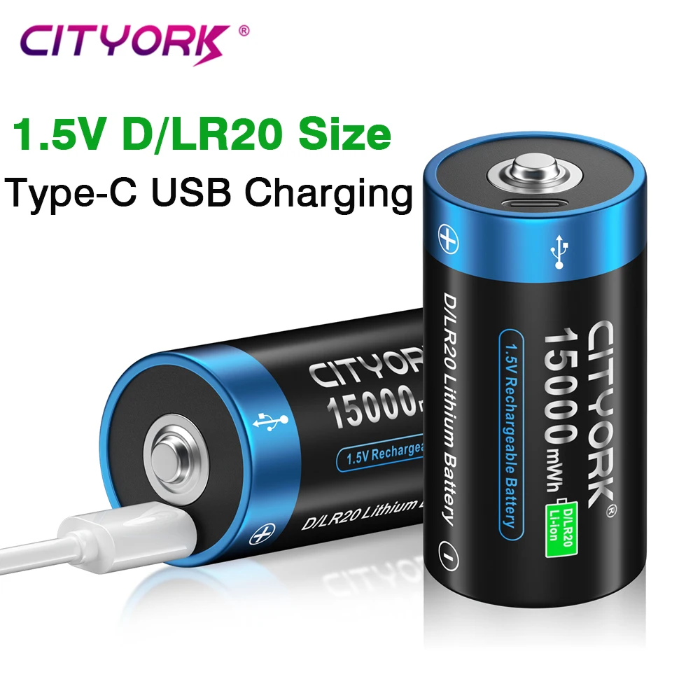 

CITYORK 15000mWh 1.5V D Size Rechargeable Battery Type D USB Charging R20 LR20 Lithium Battery D Cell For Gas Stove Water Heater