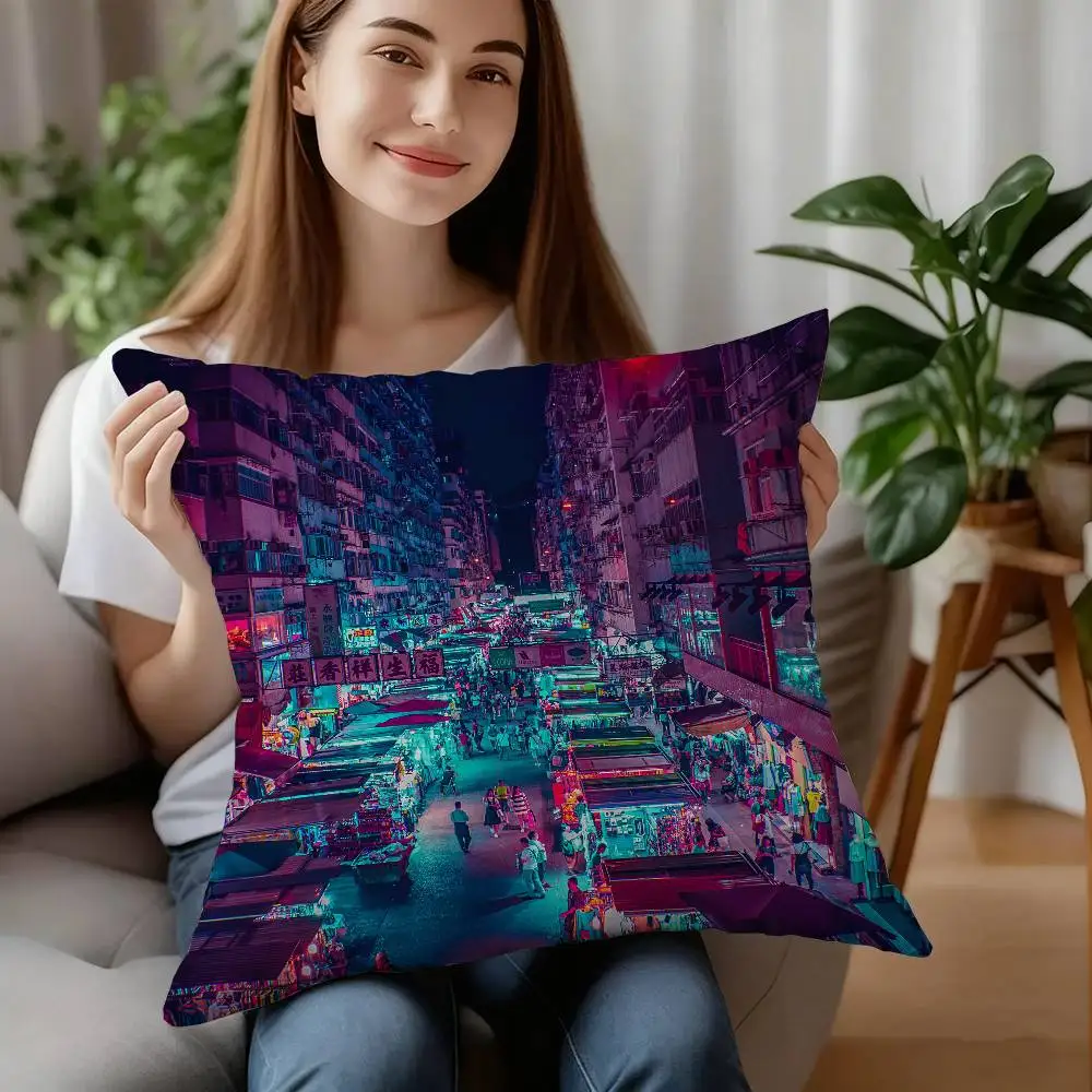 Taie d'oreiller carrée en forme de ville néon, 1 pièce, à la mode, pour chambre à coucher, canapé, chambre à coucher, décoration de loisirs