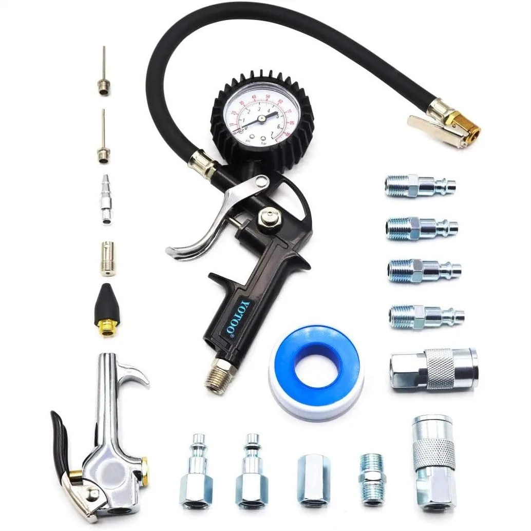 

Heavy Duty Air Compressor Accessory Kit 18-Piece with Tire Inflator Gauge, Blow Gun and Hose Fittings for Car Tires and Cleaning