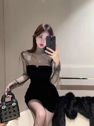 Woman Long Sleeve Mesh Dress Corset Bodycon Black Sequin Dresses for Women Night Club Tight Short Mini Rhinestone Cotton New In