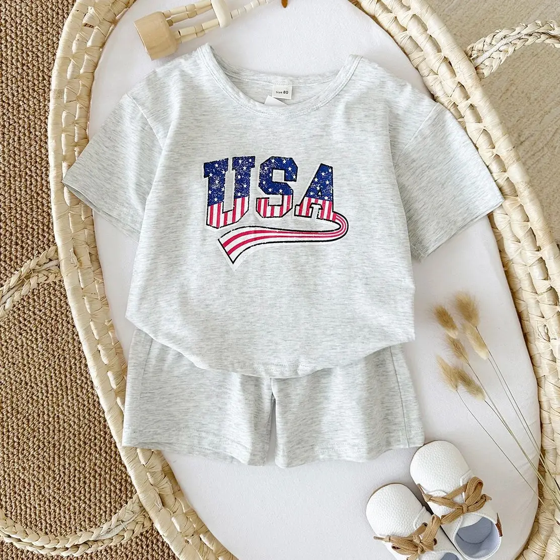 2Pcs Toddler Infant New Summer Baby Boy Clothing Set USA T-shirt+Shorts Cotton Newborn Baby Girls Infant Outfit 0-4Y