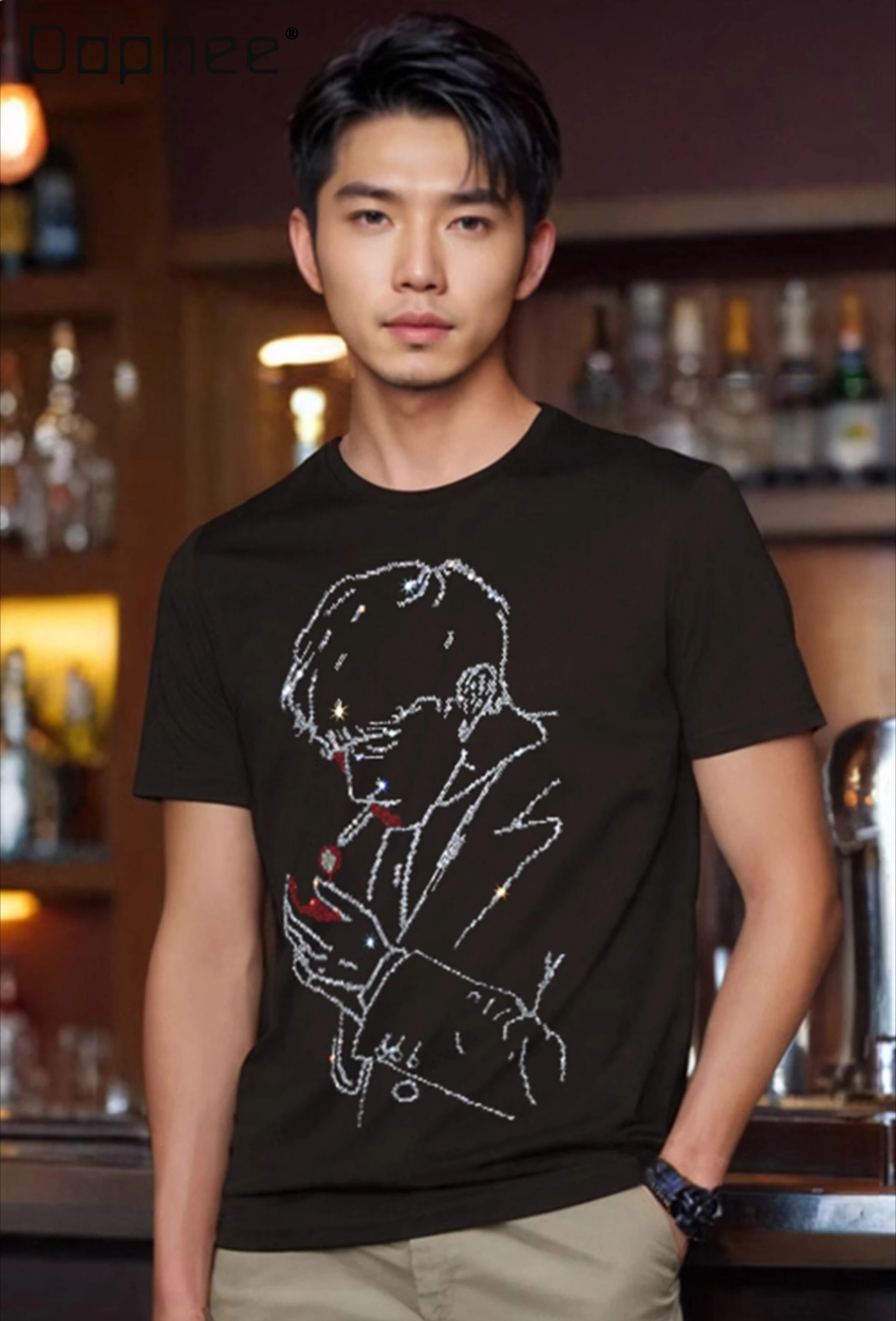 

2026 Summer New American Streetwear Men Black White Slim Daily Casual Character Rhinestone Print Round Neck Short Sleeve T-Shirt