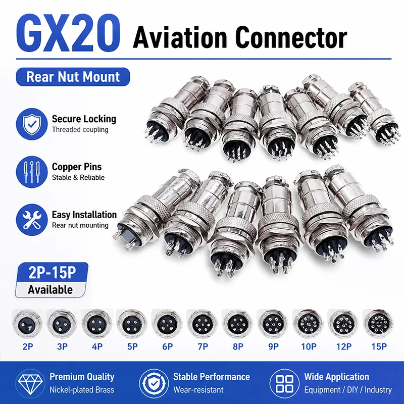 

GX20 Waterproof Metal Aviation Plug Socket 2 3 4 5 6 7 8 9 10 12 14 15 Pin Circular Solder Wire Connector Panel Mount Joint