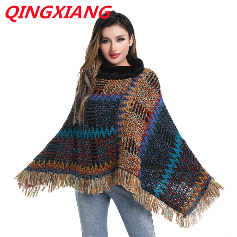 Autumn Winter Women Knitted Pullover Faux Fur Neck Shawl Outstreet Wear Tassel Multicolour Triangle Long Loose Poncho Cape