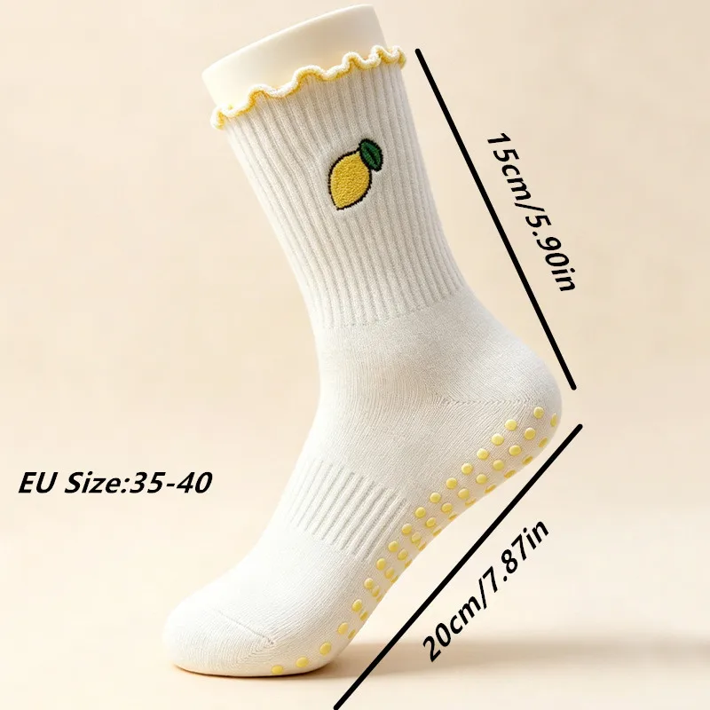 Women Yoga Socks, Ruffle Cuff Fruit Embroidery Non Slip Grip Socks for Pilates Ballet Dance Workout