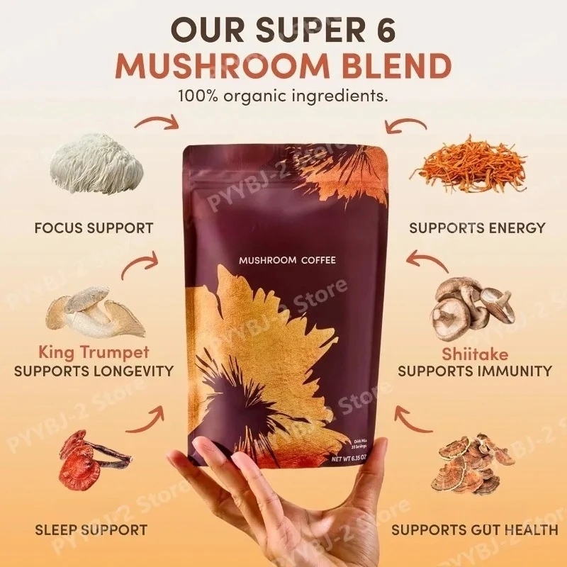 Organic Mushroom Coffee Powder 6 Adaptogenic Mushroom Extracts with MCT Oil Daily Wellness Dietary Supplement Drink Mix 180g