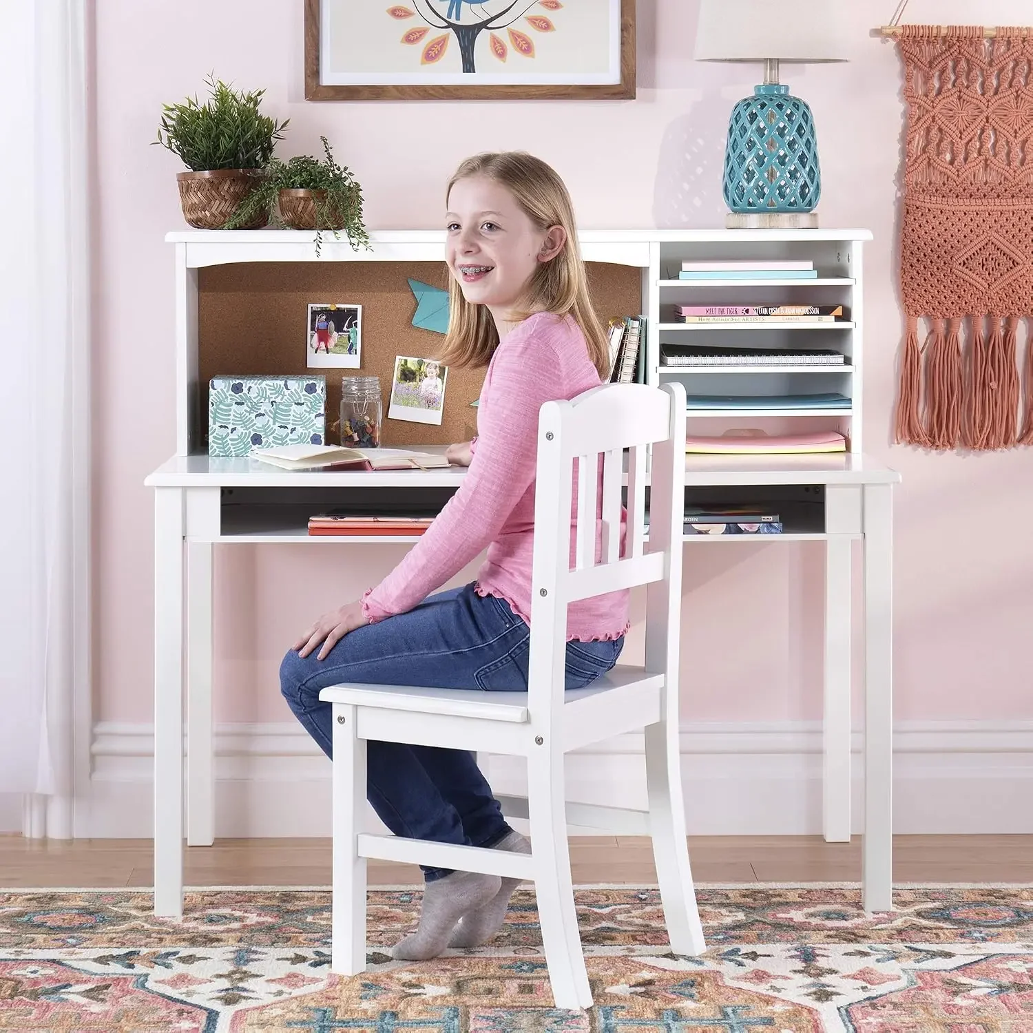 Kids Media Desk and Chair Set - White: Kids Writing Desk with Hutch and Storage Shelves, Computer Workstation with Corkboard, Wo