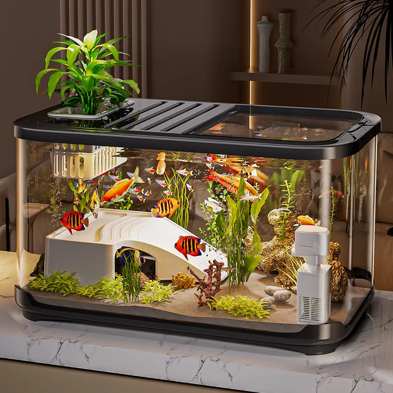Nuevo pecera con tapa para sala de estar, paisajismo del hogar, tanque ecológico transparente, tanque de tortuga de escritorio, acuario de plástico grande