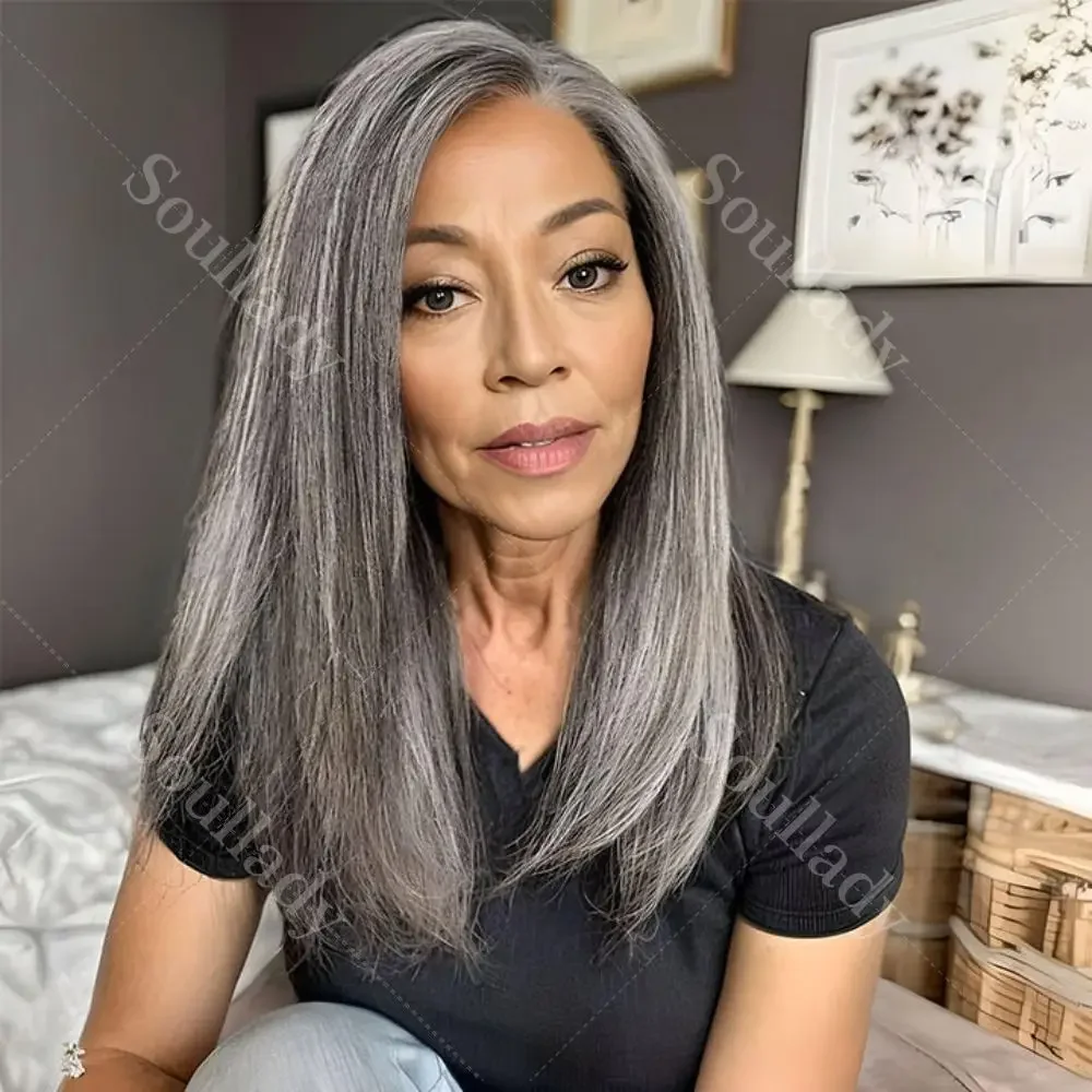 

Soul Lady Straight Silver Luxe Gray 13x4.5 HD Lace Full Frontal Wig Straight Human Hair Salt And Pepper Wig For Women