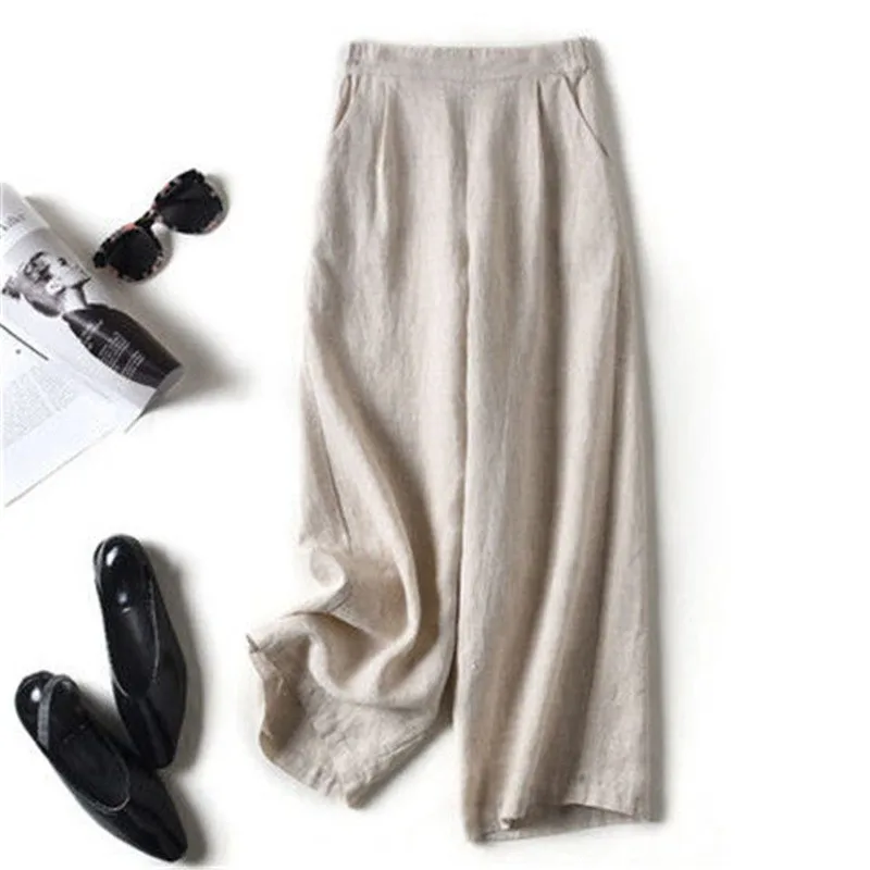 

Женские летние брюки с высокой талией и широкими штанинами, новые, разноцветные, из хлопка и льна, свободного прямого кроя, универсальные, в художественном стиле